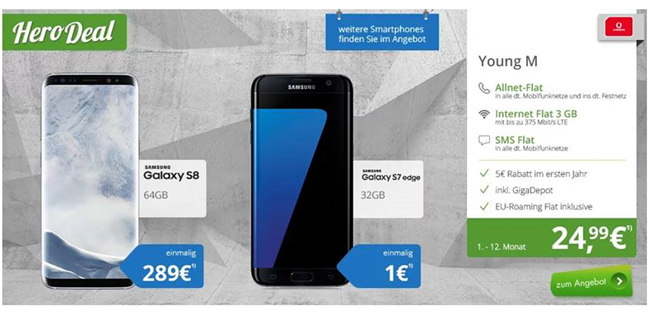 Bild zu Vodafone Young M mit einer Allnet Flat, einer Sprachflat, EU Flat, 3GB LTE Datenflat sowie Smartphone ab 1€ (z.B. Samsung S7 Edge) für 27,49€ im Monat