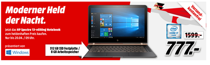 Bild zu [Super] Hewlett-Packard HP Spectre 13-v030ng Notebook (13,3” FullHD Display, 8GB Ram, 512GB SSD, Intel i7, Win 10) für 777€ (Vergleich: 1.114,05€)