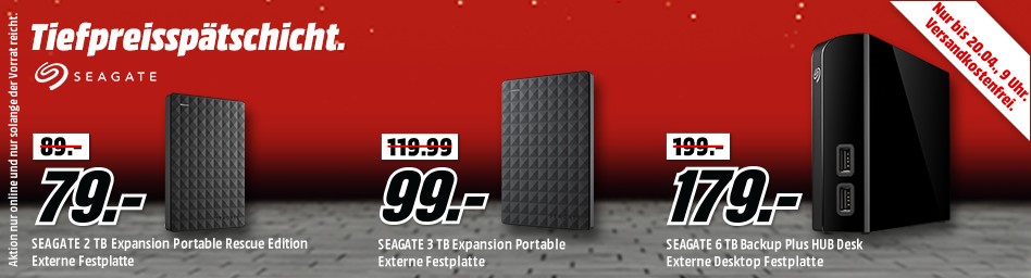 Bild zu Media Markt Tiefpreisspätschicht mit verschiedenen Seagate Speicherartikeln, z. B. Externe 2,5 Zoll Festplatte Seagate Expansion Portable Rescue Edition (2 TB) für 79€