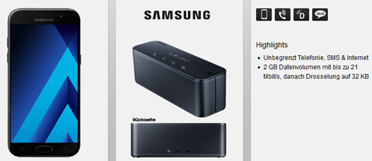 Bild zu Congstar (Telekom Netz) mit 1GB UMTS Datenflat und Sprachflat für 20€ im Monat inkl. Samsung A3 und Bluetooth Lautsprecher für 1€