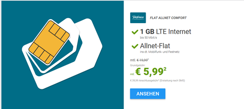 Bild zu o2 Comfort Allnet Flat (Flat in alle Netze + 1GB LTE Datenflat) + 100€ Holidaycheck Gutschein für 5,99€ im Monat
