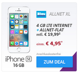 Bild zu Blau Allnet XL (Allnet-Flat, SMS-Flat, 4GB LTE Datenvolumen) im o2 Netz inkl. iPhone SE (einmalig 4,95€) für 19,99€/Monat