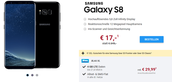 Bild zu [Knaller] Samsung Galaxy S8 für 17€ mit Blau.de (o2 Netz) Allnet Flat, SMS Flat und 4GB LTE Datenflat für 29,99€ im Monat