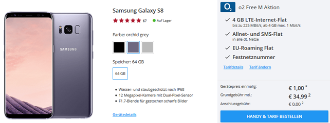 Bild zu [Super] Samsung S8 für 1€ im o2 Free M (4GB LTE, Allnet- und SMS Flat, Festnetznummer) für 34,99€ im Monat