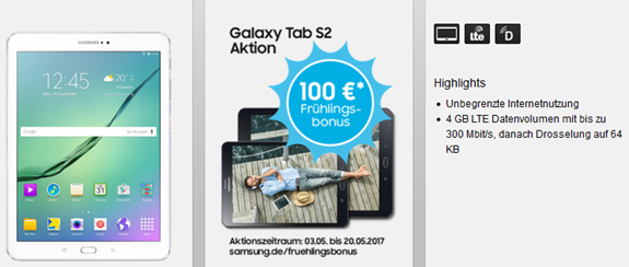 Bild zu Telekom LTE Datenflat (bis zu 8GB) inkl. Samsung Tab S2 LTE für 119€ + 100€ Geld zurück ab 19,95€/Monat