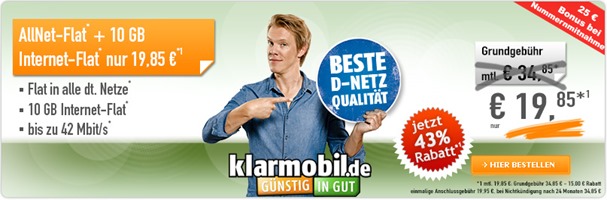 Bild zu Klarmobil Allnet Flat im Telekom Netz mit einer 10GB Datenflat sowie SMS Flat für 19,85€ im Monat