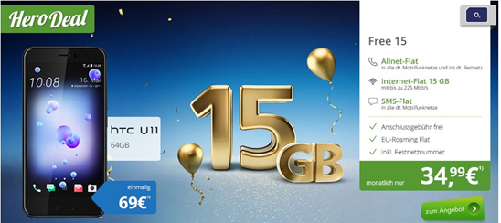 Bild zu HTC U11 (einmalig 69€) im o2 Free 15 (Allnet-Flat, SMS-Flat, 15GB LTE Datenvolumen, EU-Flat) für 34,99€/Monat
