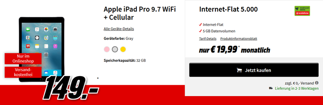 Bild zu [Super] 5GB LTE Vodafone Datenflat für 19,99€/Monat & Apple iPad Pro 9.7 32GB WiFi + 4G (einmalig 149€)