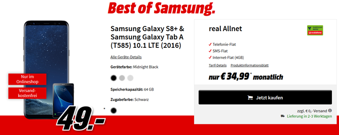 Bild zu Samsung Galaxy S8+ & Samsung Galaxy Tab A (T585) 10.1 LTE für 49€ im Vodafone Tarif mit 4GB Datenflat, SMS Flat + Sprachflat für 34,99€/Monat