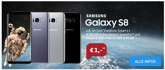 Bild zu Vodafone mit 5GB LTE, SMS- und Sprachflat, EU Flat inkl. Samsung S8+ (1€) für 41,99€/Monat