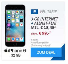 Bild zu iPhone 6 (2017er Modell) für 99€ mit 3GB Datenflat + Sprachflat für 18,48€/Monat