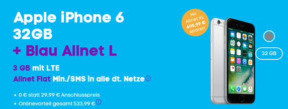 Bild zu Blau.de Allnet Flat (3GB LTE Daten + Allnet Flat) inkl. iPhone 6 (einmalig 1€) für 19,99€/Monat oder mit 4GB für 21,99€/Monat