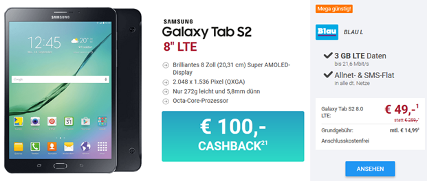 Bild zu Samsung Galaxy Tab S2 8.0 LTE (Vergleich: 335,64€) + 3GB LTE Datenflat (inkl. SMS und Sprachflat) für rechnerisch 12,74€/Monat