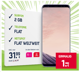 Bild zu Samsung S8+ für einmalig 1€ im Vodafone- oder Telekomnetz mit 2GB Datenflat und Sprachflat für 31,99€/Monat