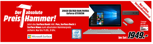 Bild zu [Top] Microsoft Surface Book mit i7/8GB RAM/256GB SSD/GeForce GTX 965M inkl. Surface Dock + Surface Maus für 1949€ (Vergleich: 2105,99€)