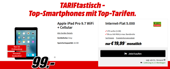 Bild zu Apple iPad Pro 9.7 WiFi + Cellular (einmalig 99€ + 39,99€ Anschlussgebühr) im 5GB LTE Vodafone Tarif für 19,99€/Monat