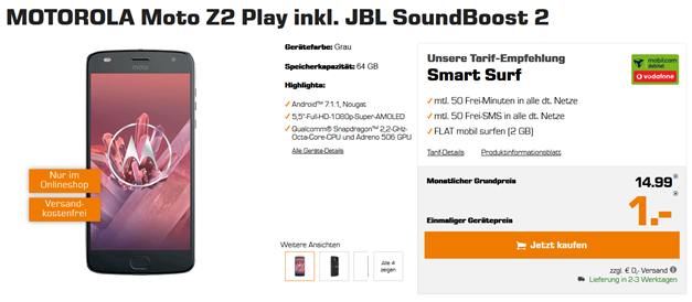 Bild zu [Wieder da] MOTOROLA Moto Z2 Play inkl. JBL SoundBoost 2 inkl. Tarif für 410,70€ Gesamtkosten (Vergleich nur Hardware = 497,81€)