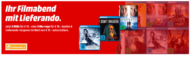 Bild zu MediaMarkt: 3 DVDs für 15€ oder 3 Blu-rays für 18€ kaufen und 15€ Lieferando Gutschein sichern