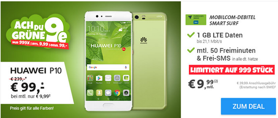 Bild zu [Super] Huawei P10 für einmalig 99€ (Vergleich: 399,90€) mit 1GB LTE Datenflat + 50 Freiminuten + 50 Frei-SMS im o2 Netz für 9,99€/Monat = 60,95€ gespart + Tarif rechnerisch kostenlos