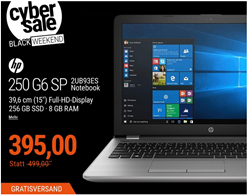 Bild zu HP 250 G6 SP 2UB93ES Notebook (i3-6006U, Full HD, matt, 256 GB SSD, 8 GB RAM, Windows 10) für 395€