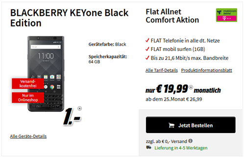 Bild zu [Top] BLACKBERRY KEYone Black Edition (einmalig 1€) mit Telekom Allnet Flat Comfort (Flat in alle Netze, 1GB Datenvolumen) für 19,99€/Monat