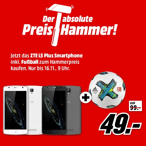 Bild zu Dual-Sim Smartphone ZTE Blade L5 Plus inklusive Adidas Fußball für 49€