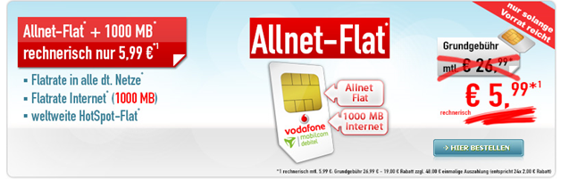Bild zu Allnet Flat im Vodafone Netz mit 1GB Datenflat für rechnerisch 5,99€/Monat oder mit 2GB für 7,99€/Monat