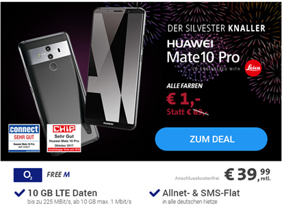 Bild zu Huawei Mate 10 Pro (Vergleich 724,99€) für 1€ mit o2 Free M mit einer 10GB Datenflat (danach 1Mbit/s), SMS Flat, Sprachflat, EU Flat für 39,99€/Monat