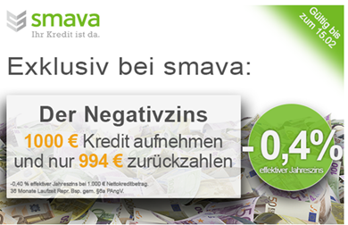 Bild zu Smava: Kredit (1.000€ / 36 Monate Laufzeit) mit Negativzins (-0,4%) aufnehmen – weniger zurückzahlen als man leiht