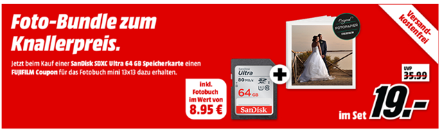 Bild zu SANDISK Ultra UHS-I, SDXC Speicherkarte, 64 GB, 80 MB/s + Fujifilm Coupon für ein Fotobuch mini für 19€