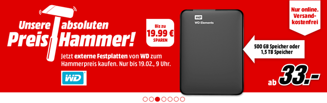 Bild zu MediaMarkt “Preishammer”: externe Festplatten von WD, z.B. Western Digital Elements Portable 500GB für 33€ inkl. Versand