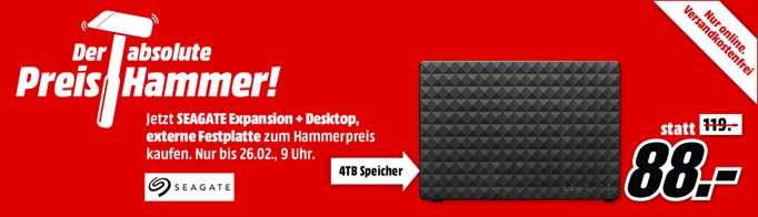 Bild zu MediaMarkt “Preishammer”: Seagate Expansion Plus Desktop 4TB Festplatte für 88€ inkl. Versand (Vergleich: 104,89€)