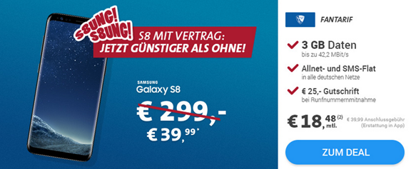Bild zu [Knaller – nur dieses Wochenende] Samsung S8 (49€) mit 3GB Datenflat, SMS und Sprachflat im Vodafone-Netz für 18,48€/Monat