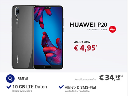 Bild zu Huawei P20 für 4,95€ im o2 Free M mit 10GB LTE Datenflat, SMS und Sprachflat für 34,99€ im Monat