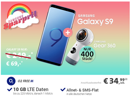 Bild zu [Top] Samsung Galaxy S9 + Samsung Gear 360 für 69€ im o2 Free M mit 10GB LTE Datenflat, SMS und Sprachflat für 34,99€