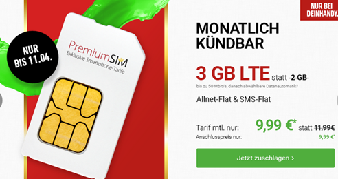 Bild zu PremiumSIM: monatlich kündbare Verträge, so z.B. 4GB LTE Datenflat, SMS und Sprachflat für 12,99€/Monat