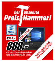 Bild zu ASUS FX553VE-DM289T Gaming Notebook(Intel Core i7-7700HQ, 16GB RAM, NVIDIA GeForce GTX 1050 Ti, Win 10 Home) für 888€ (Vergleich: 1.399€)