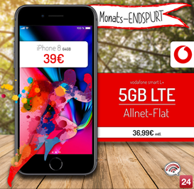 Bild zu Vodafone Smart L+ (Allnet-Flat, SMS Flat, 5GB LTE Datenflat, EU-Flat) inkl. iPhone 8 (einmalig 19€) für 36,99€/Monat