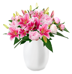 Bild zu Blume Ideal: Blumenstrauß “PinkDiamonds” mit 10 Pfingstrosen und 10 Lilien (über 40 Blüten) für 21,98€