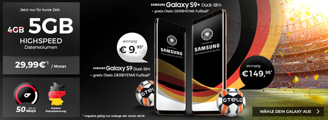 Bild zu Samsung S9 inkl. Derbystar Fußball für 9,95€ mit Otelo Allnet Flat, SMS Flat und 5GB LTE Datenflat im Vodafone-Netz für 29,99€/Monat