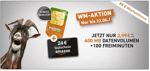 Bild zu Klarmobil Smartphone Flat 400 im Telekom Netz (400MB Datenvolumen, 100 Freiminuten, EU-Roaming, 25€ Wechselbonus) + 24€ Amazon.de Gutschein für 2,99/Monat