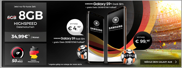Bild zu Samsung S9 inkl. Derbystar Fußball für 4,95€ (oder S9+ für 99,95€) mit Otelo Allnet Flat, SMS Flat und 8GB LTE Datenflat im Vodafone-Netz für 34,99€/Monat