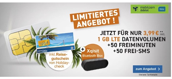 Bild zu Mit LTE: o2 Smart Surf mit 1GB Datenflat + 50 Freiminuten + 50 Frei für 3,99€/Monat inkl. 100€ Holidaycheck Gutschein und Xqisit xqS10 Bluetooth-Lautsprecher für 9,99€