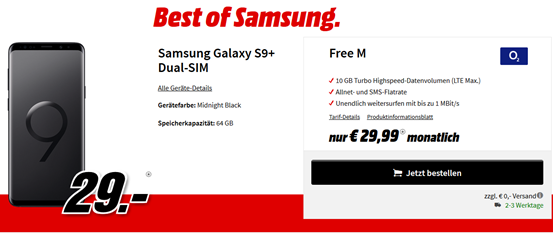 Bild zu [Top] o2 Free M mit einer 10GB Datenflat (danach 1Mbit/s), SMS Flat, Sprachflat, EU Flat inkl. Samsung S9+(einmalig 29€) für 29,99€/Monat