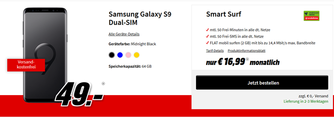 Bild zu [Knaller] Samsung S9 (einmalig 49€) mit Vodafone Smart Surf Tarif (2GB Datenflat, 50 Freiminuten, 50 Frei-SMS) für 16,99€/Monat (= 496,95€ Gesamtkosten)