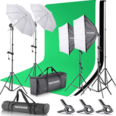 Bild zu Neewer Foto Studio Set (2 Schirme, 2 Softboxen, Stützsystem, 3 Hintergrundfarben sowie Taschen und Klemmen) für 83,99€