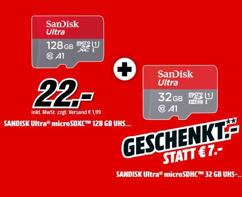 Bild zu 128 GB GB Sansdisk microSDXC Speicherkarte + 32 GB Sansdisk microSDHC Speicherkarte für 22€ (Vergleich: 35,10€)