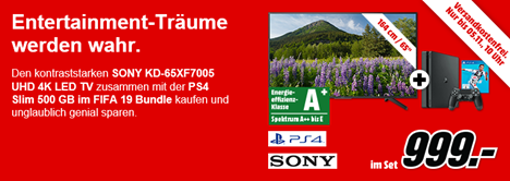 Bild zu Sony KD-65XF7005 (65 Zoll) Fernseher + PS4 Slim 500GB inkl. FIFA 19 für 999€ (Vergleich: 1.315,63€)