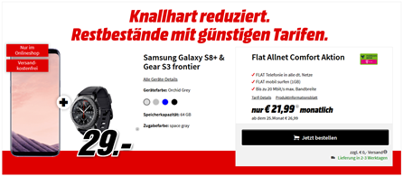 Bild zu Samsung Galaxy S8+ inkl. Gear S3 frontier (einmalig 29€) im Telekom Tarif mit 1GB Datenflat + Allnet-Flat für 21,99€/Monat