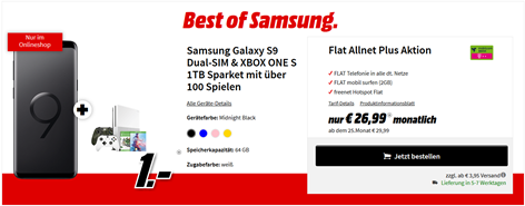 Bild zu [Top] Samsung Galaxy S9 Dual-SIM inkl. Xbox One S 1TB Sparpaket (einmalig 1€) im Telekom Tarif mit 2GB Datenflat + Allnet-Flat für 26,99€/Monat